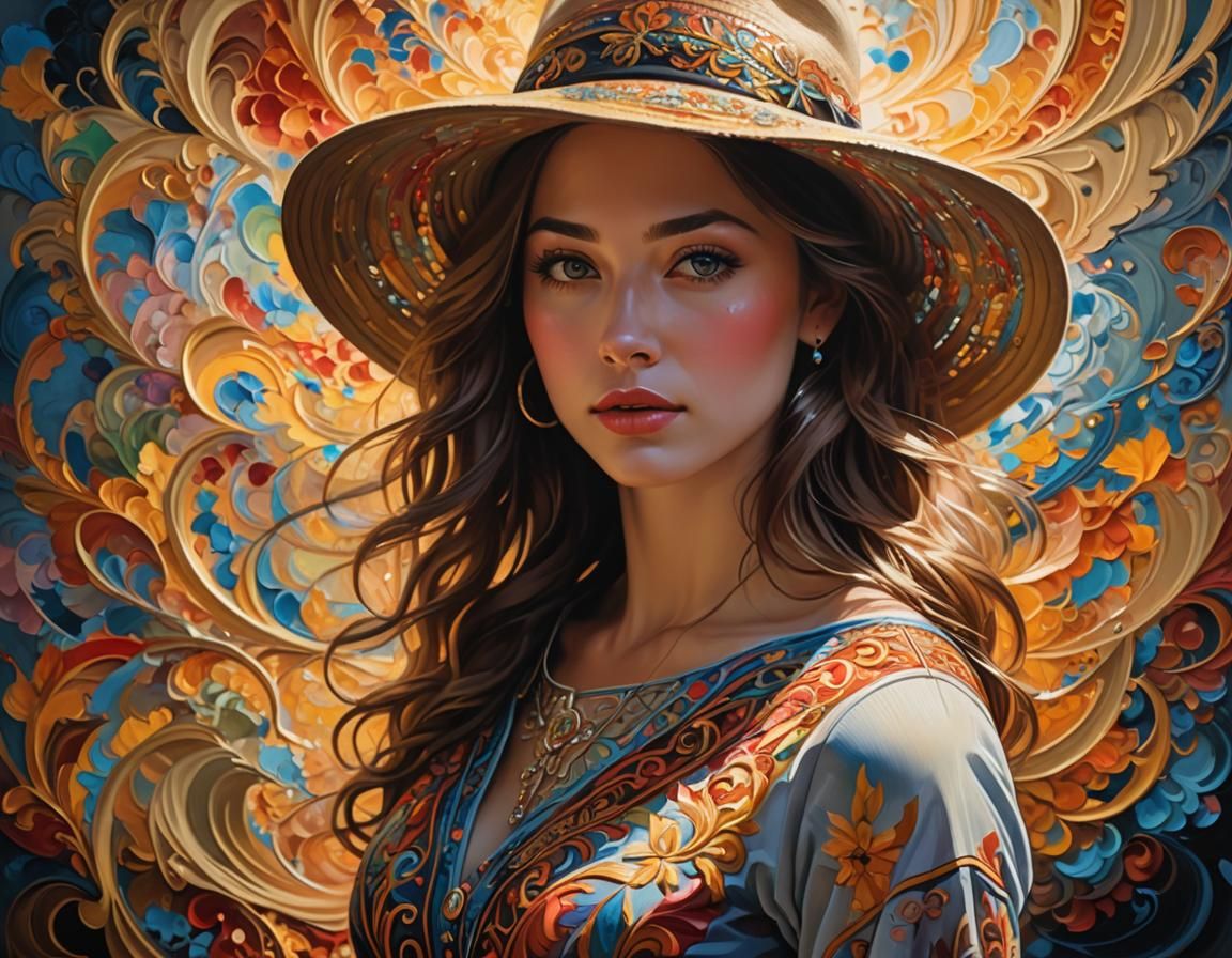 Ethereal Portrait of Girl in Hat as Oil Painting