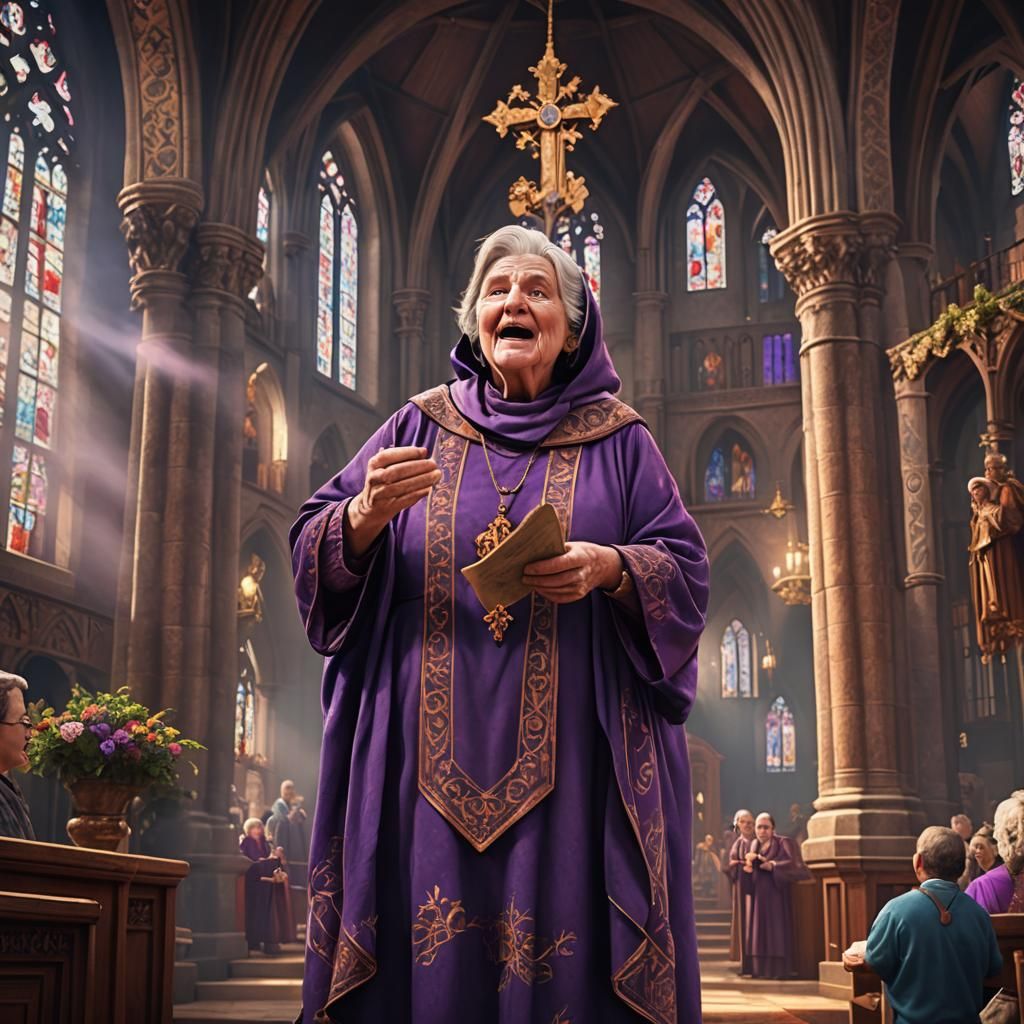 Elderly Woman Singing in Church: Matte Painting