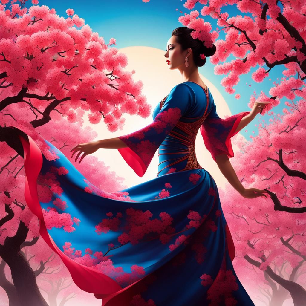 Elegant Spanish Dancer Among Cherry Trees
