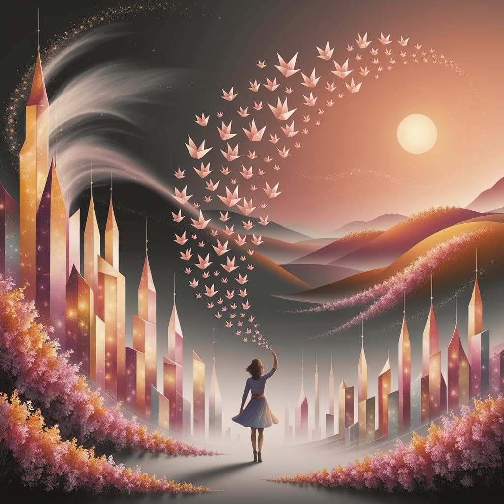 Paper Birds Ascend in Luminous Dreamscape Cityscape