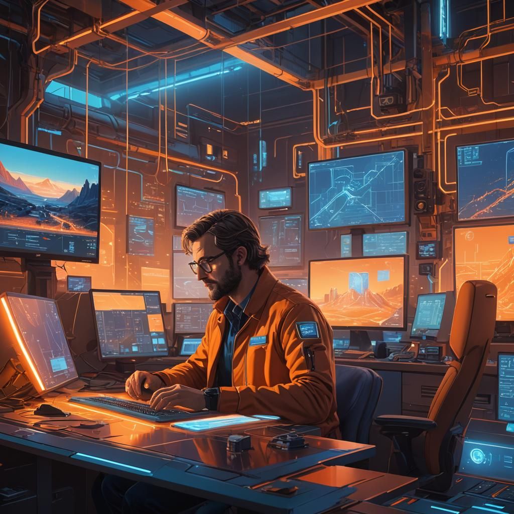 Business Owner Analyzing AI Graphs in Digital Art Style