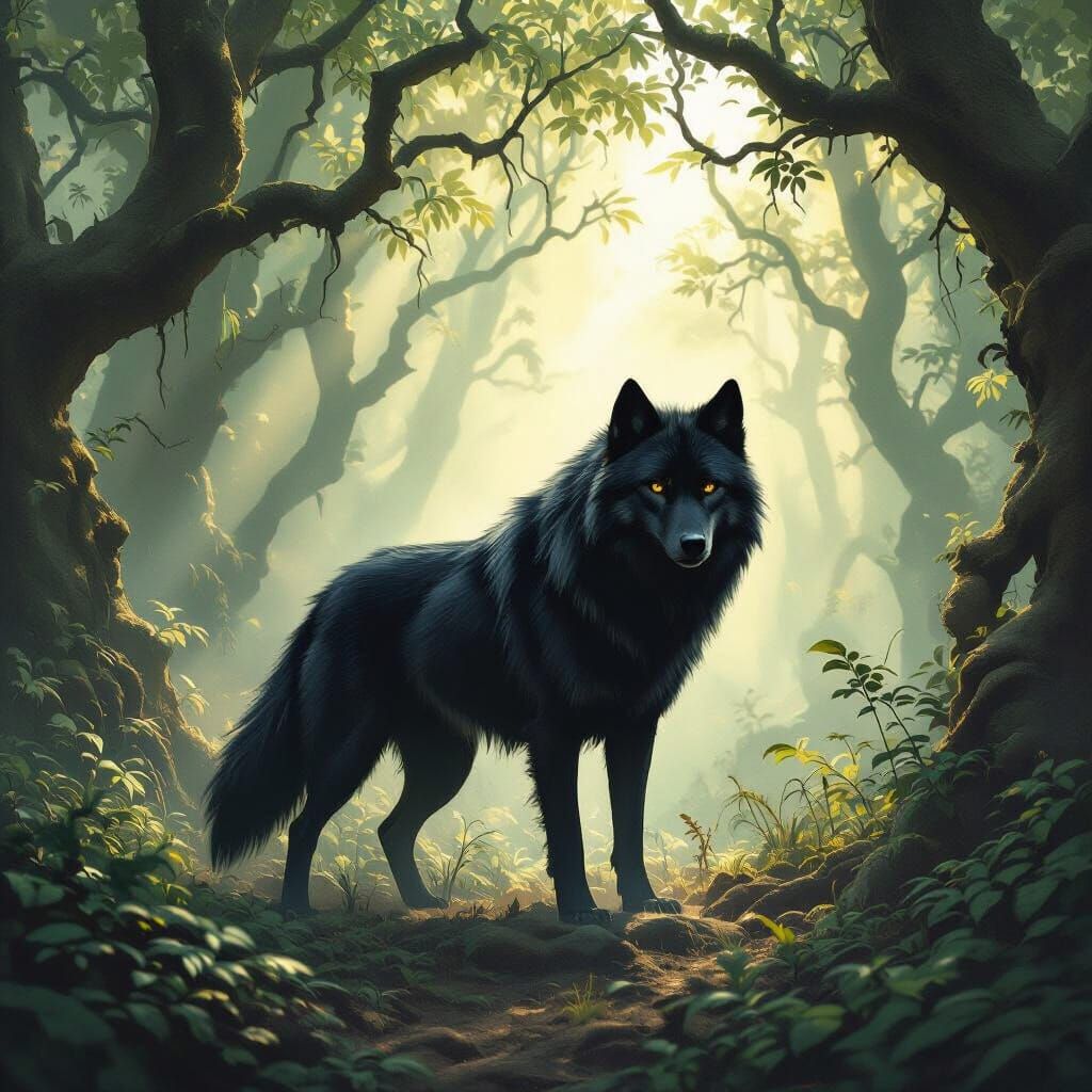 Black Wolf in Ancient Forest, Cinematic Fantasy Art
