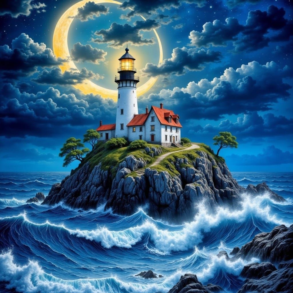 Majestic Lighthouse in a Stormy Royal Blue Sky with Crescent...