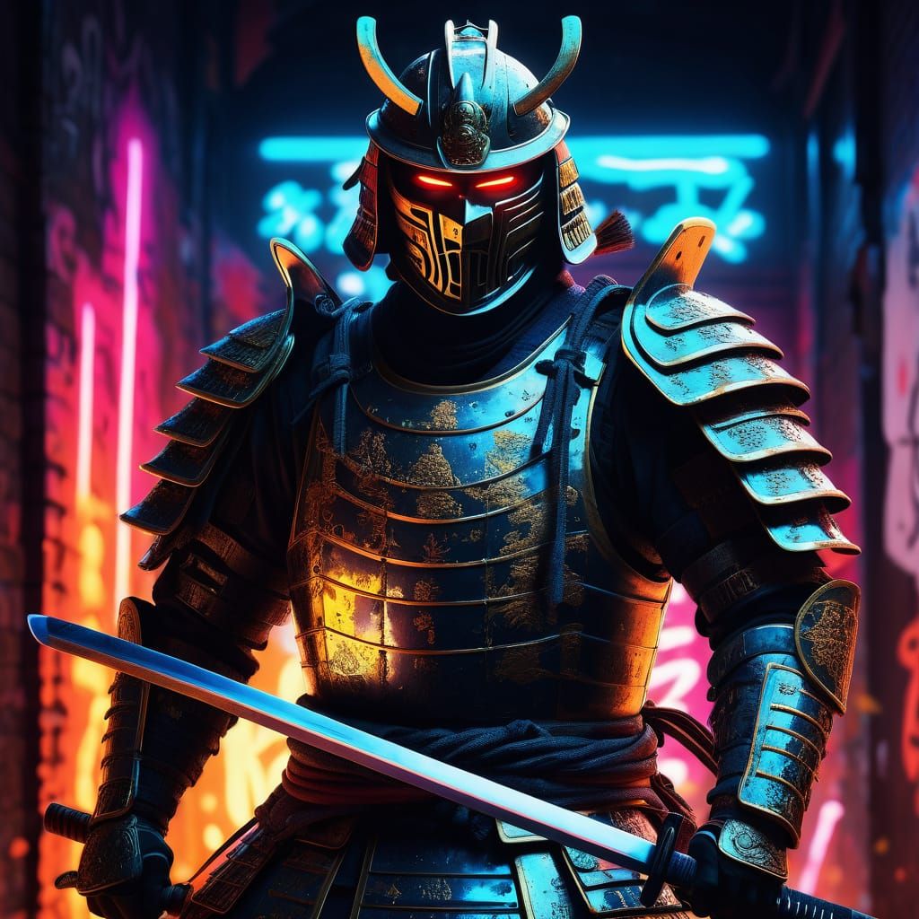 Samurai Warrior with Glowing Katana in Street Art Style