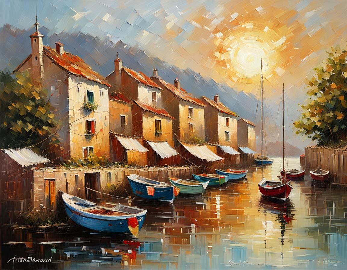 Sun-Drenched Fishing Village in Impasto Style