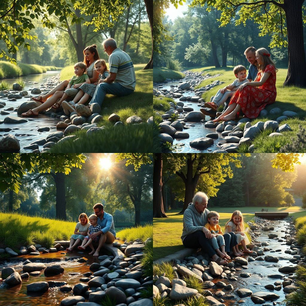 Surreal Summer Family Portrait near a Sparkling Stream
