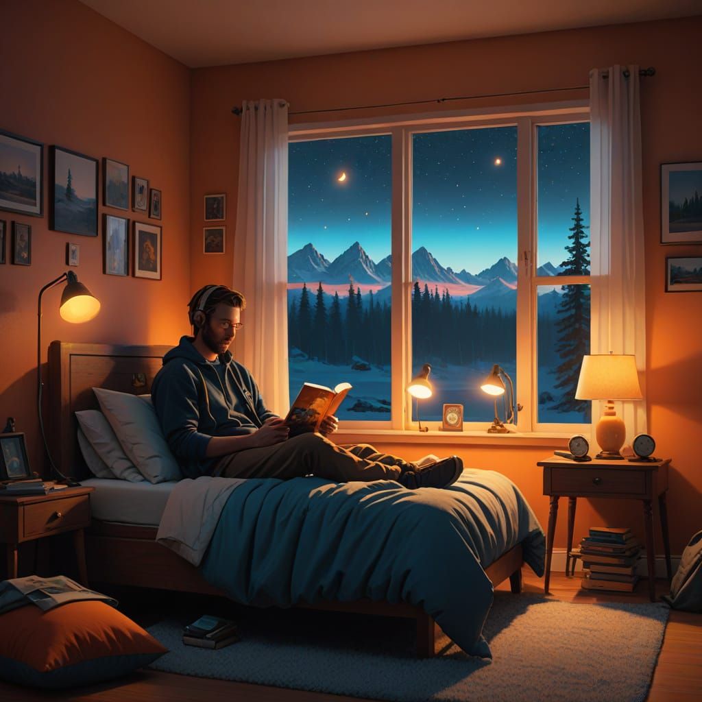 Dad Reads to Child, Hologram Above, by Simon Stalenhag