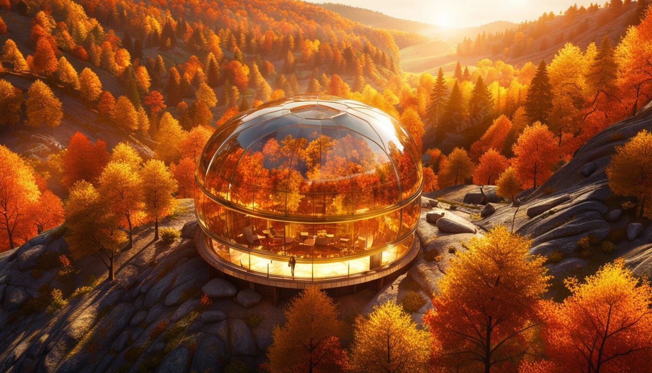 Futuristic Glass Castle in Autumn Valley at Sunset
