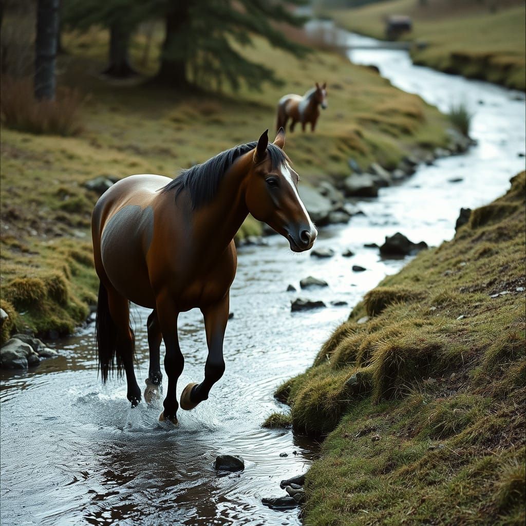 Horse Wading Through a Serene Stream in Cinematic Style