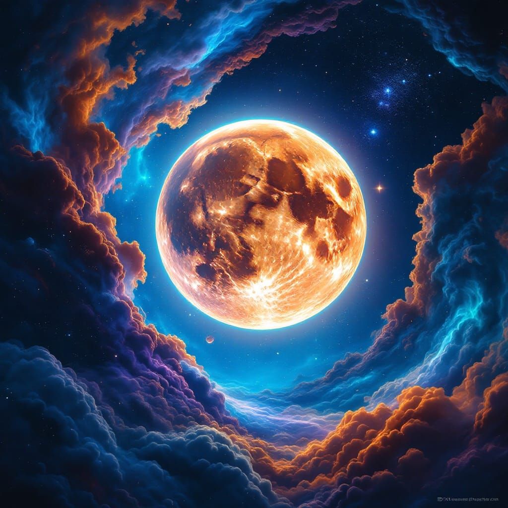 Majestic, Glowing Moon in Vibrant Nebula with Swirling Iride...