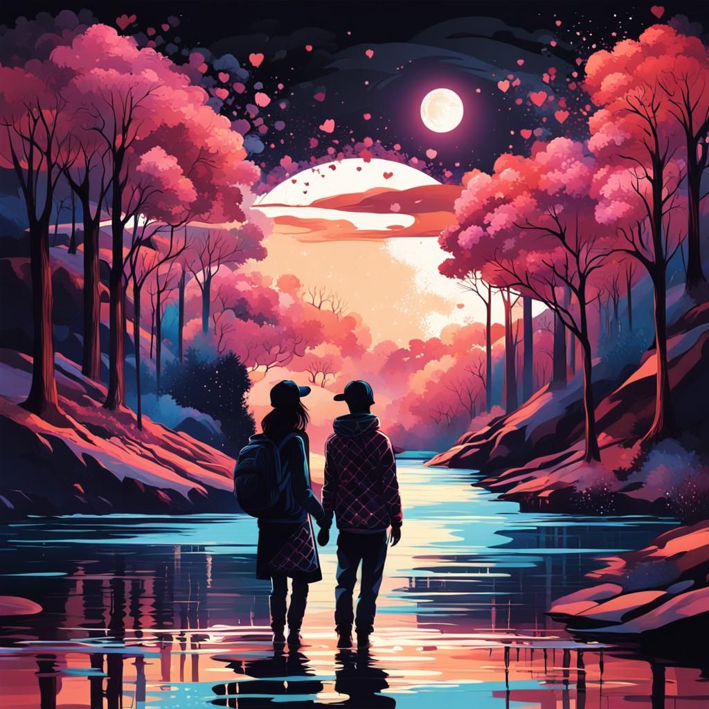 Plaid Lovers Under Full Moon in Graffiti Art