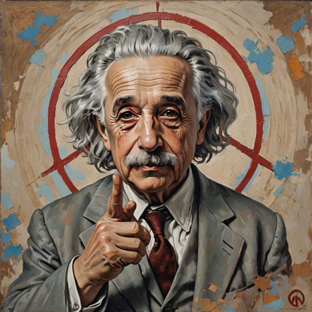 Einstein Portrait with Peace Sign as Oil Painting
