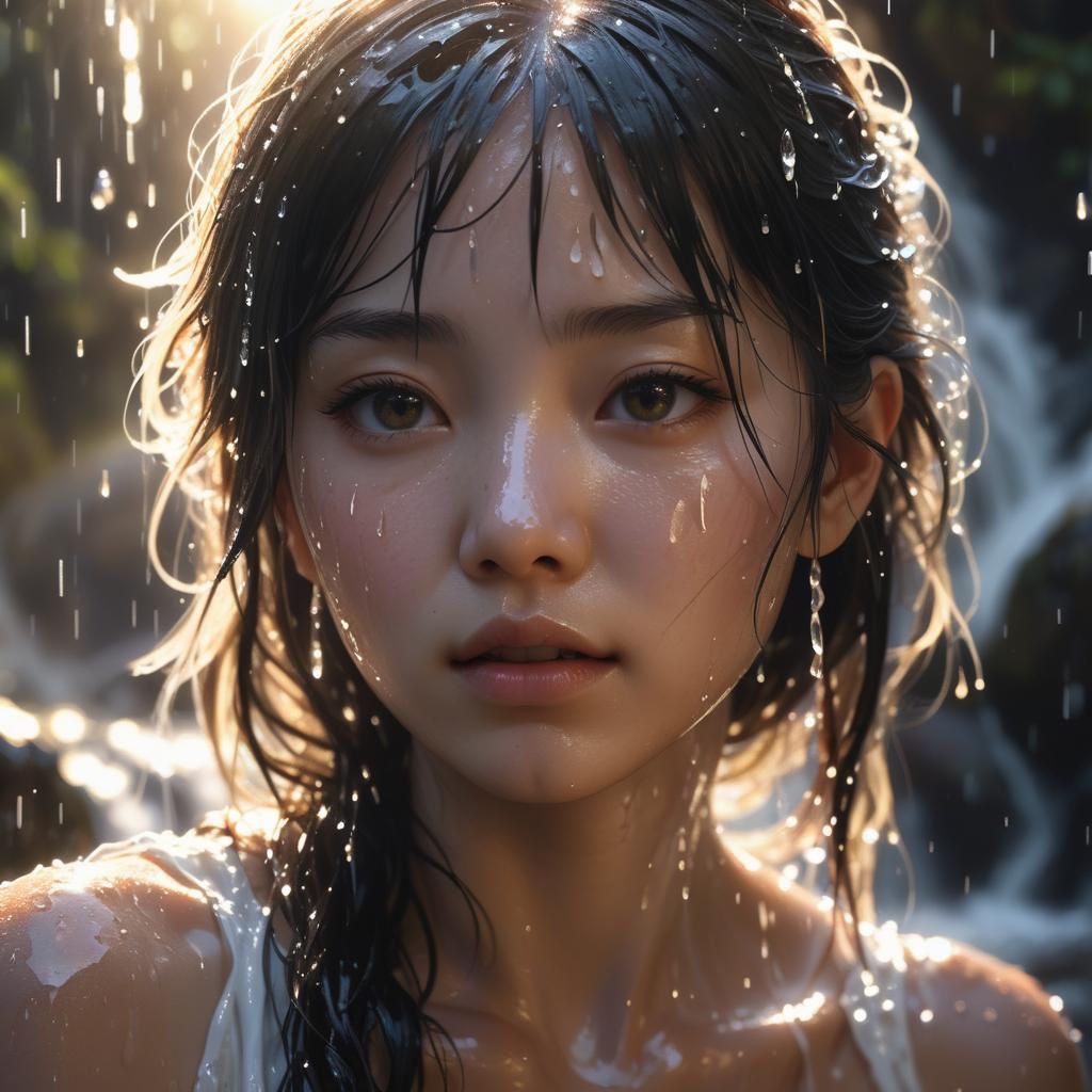 Japanese Woman Under Waterfall: Dark Fantasy Art