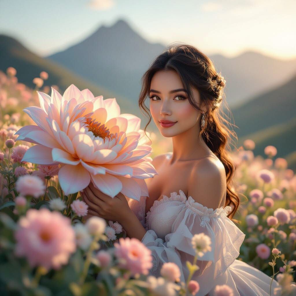 Ethereal Woman in Fluffy Garden, Golden Hour