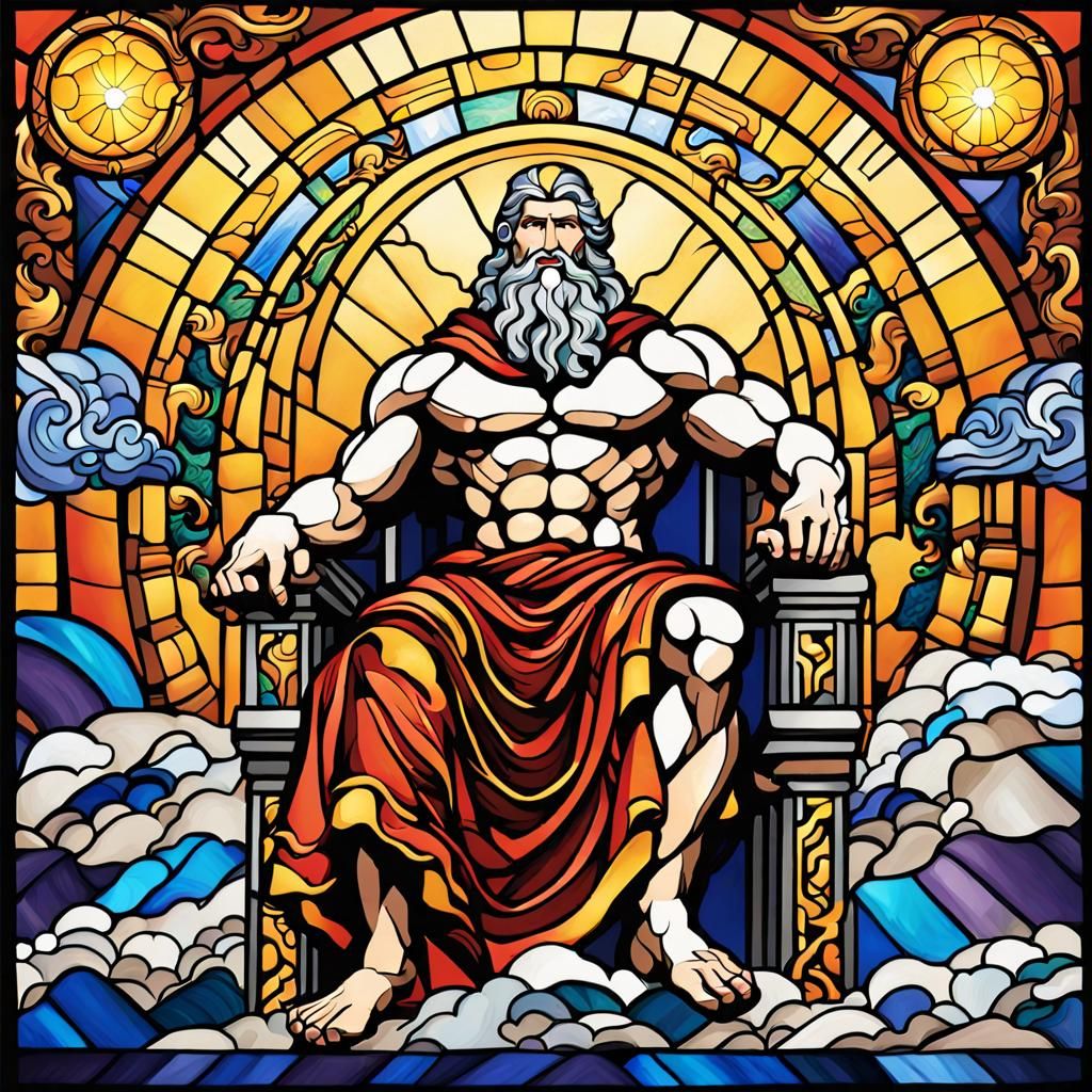 Zeus Stained Glass Artwork on Mount Olympus