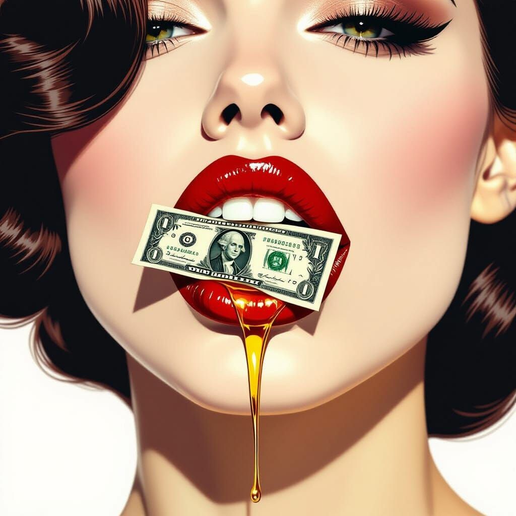 Crimson Lips with Dollar Bill and Dripping Gold