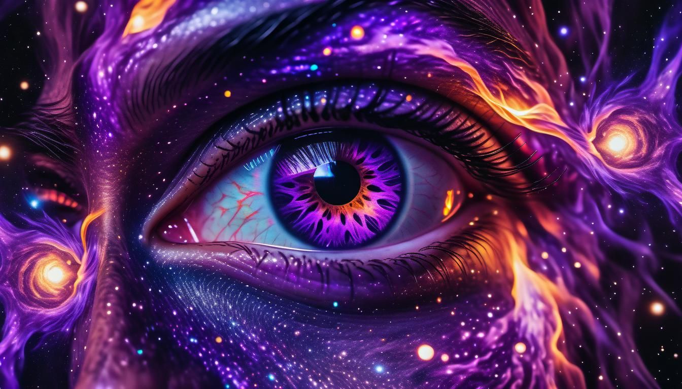 Eyes Ablaze in Violet Flames: Cosmic Illustration