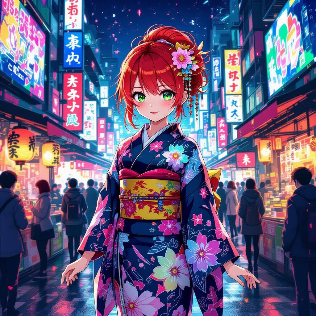 Anime Girl in Neon Kimono in Bustling Marketplace