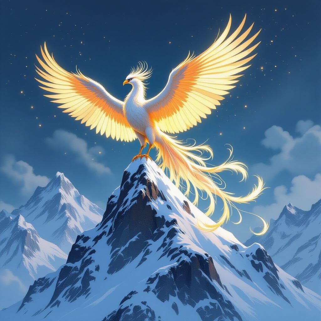 Majestic Phoenix on Snowy Peak in Detailed Concept Art