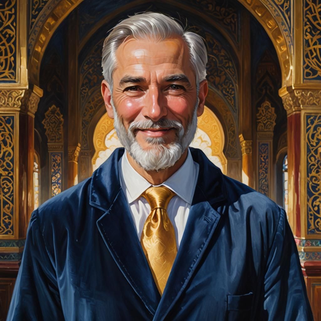 Elegant Gentleman in Velvet Robe, Mosque Setting