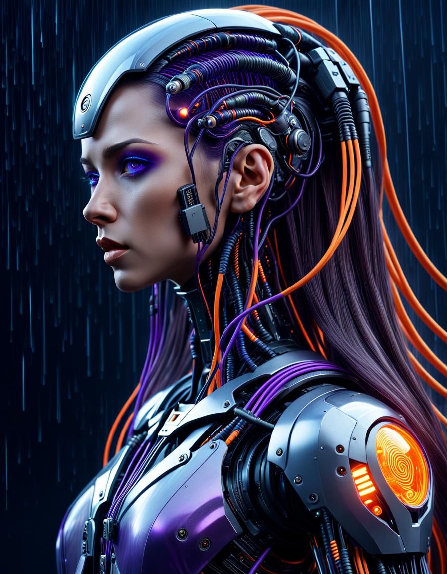 Bionic Android with Wired Hair in Dystopian Sci-Fi