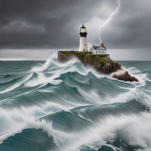 Lighthouse and Boat in Turbulent Seascape, in Splash Art Tex...
