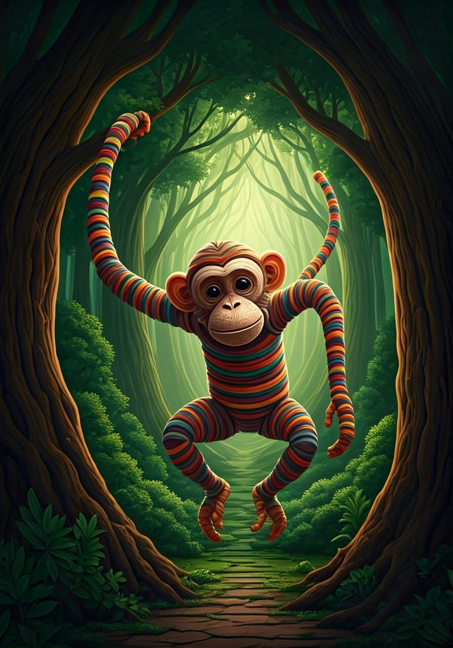 Elastic Band Monkey Swings Through Trees
