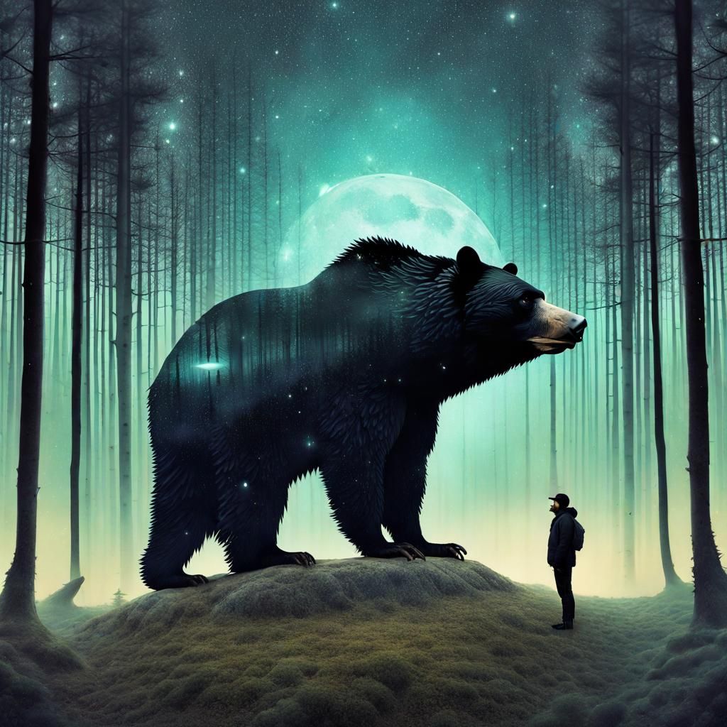 Surreal Bear and Raven Double Exposure Digital Art