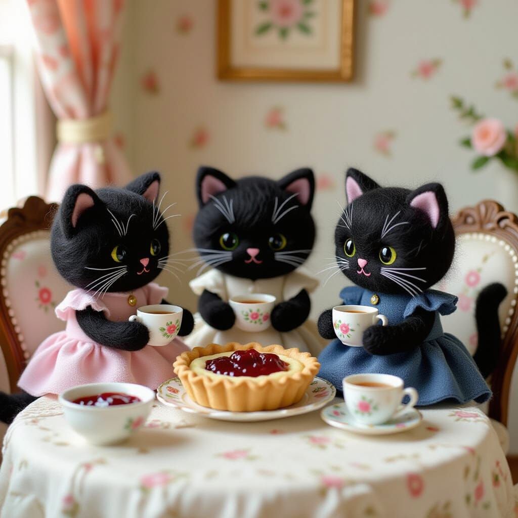 Mohair Kittens Tea Party, Felt Miniature Illustration