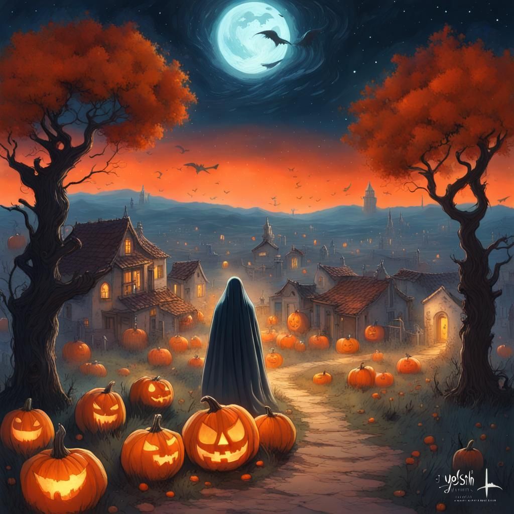 Haunted Village Under Surreal Starry Sky