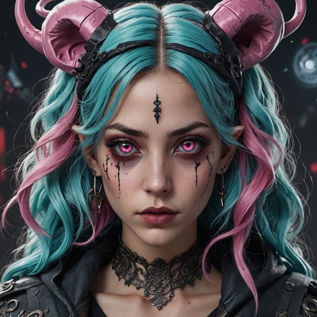 Gothic Rogue with Cyan Hair, Detailed Matte Painting