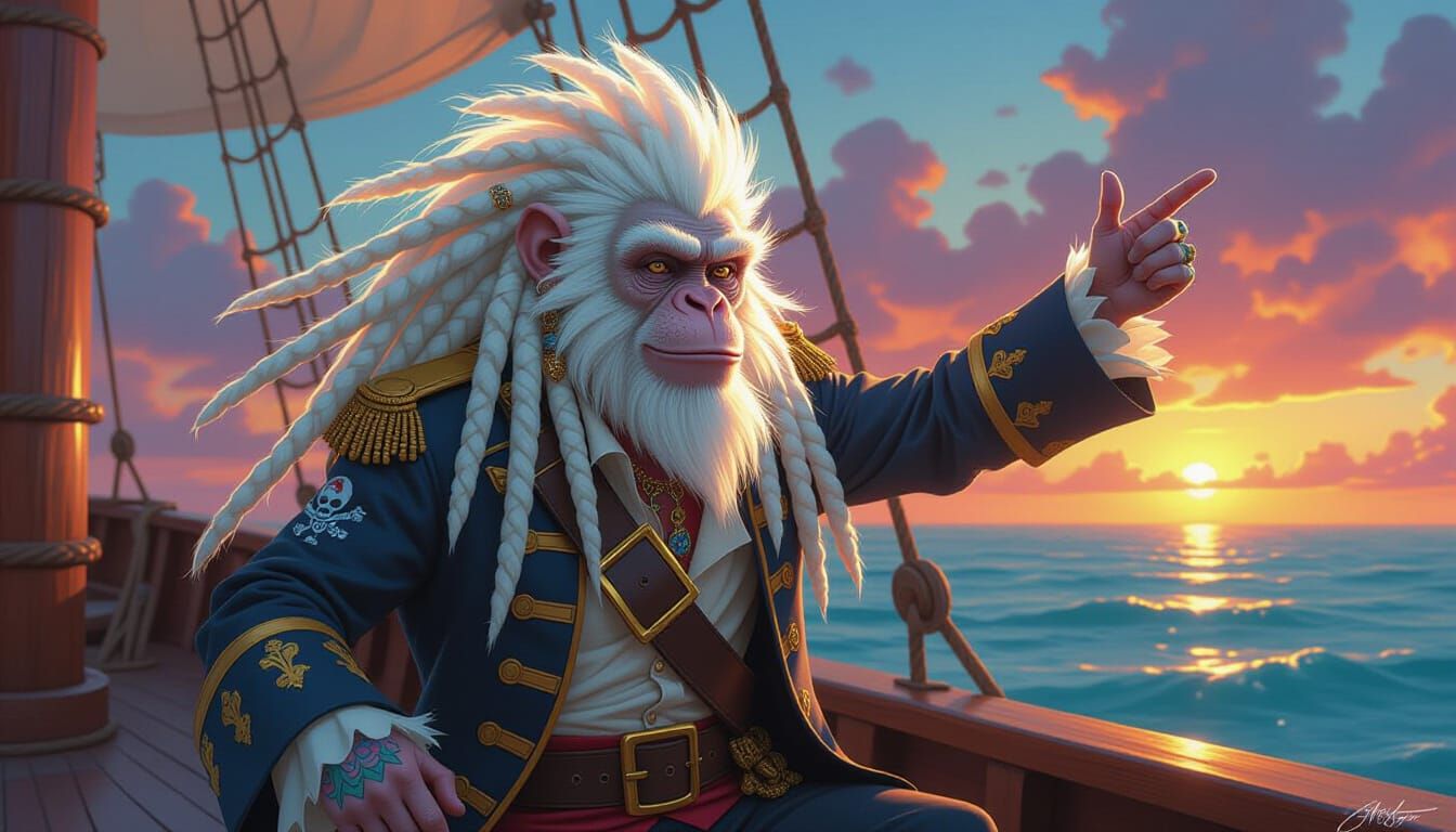 Albino Monkey Pirate Captain in Dramatic Sunset