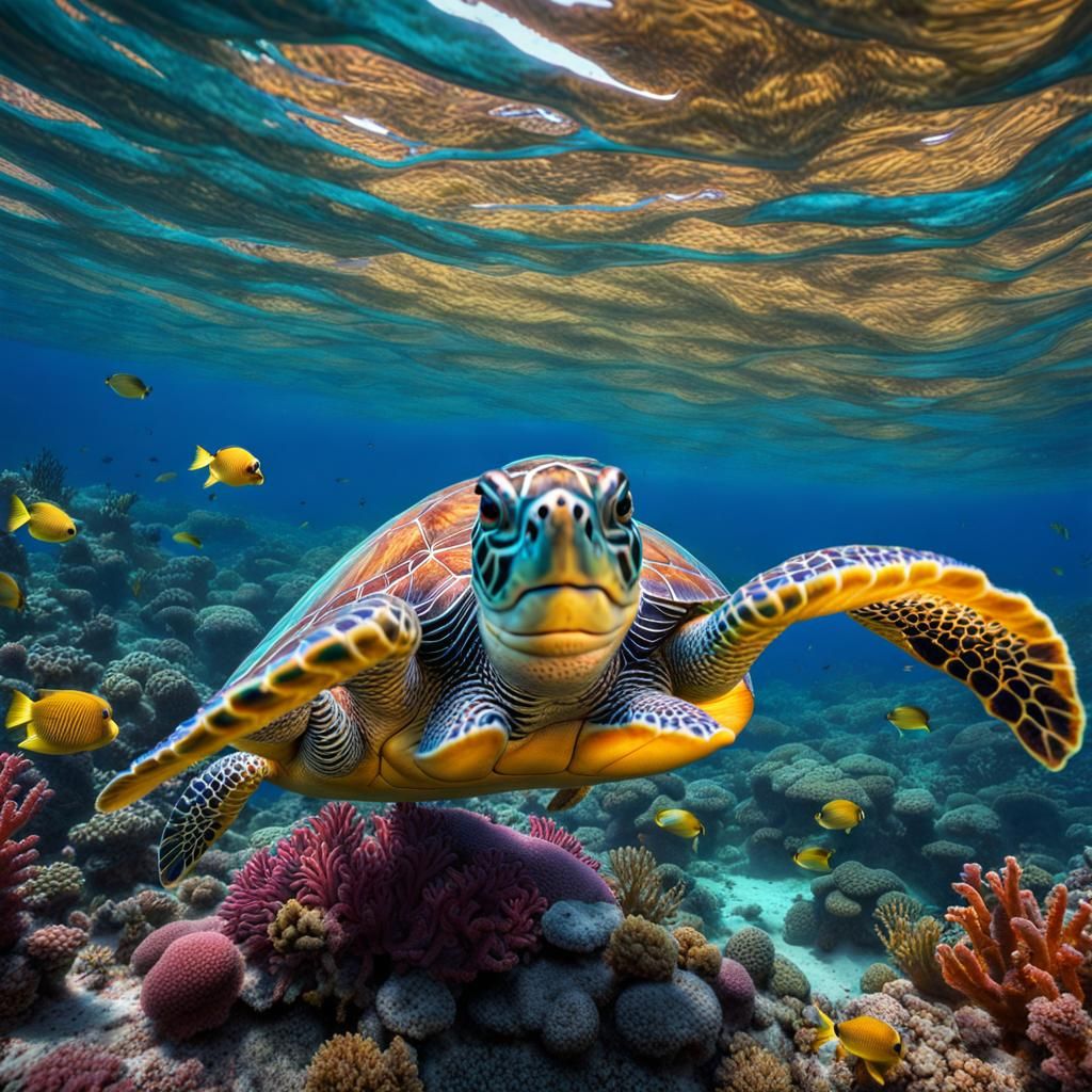 Rainbow Turtle and Octopus: Hyperrealistic Underwater Scene