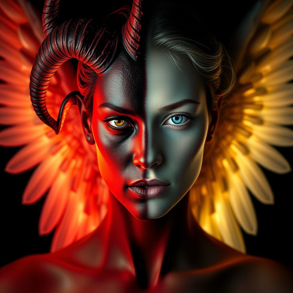 Divine Duality: Fiery Devil and Radiant Angel Unite