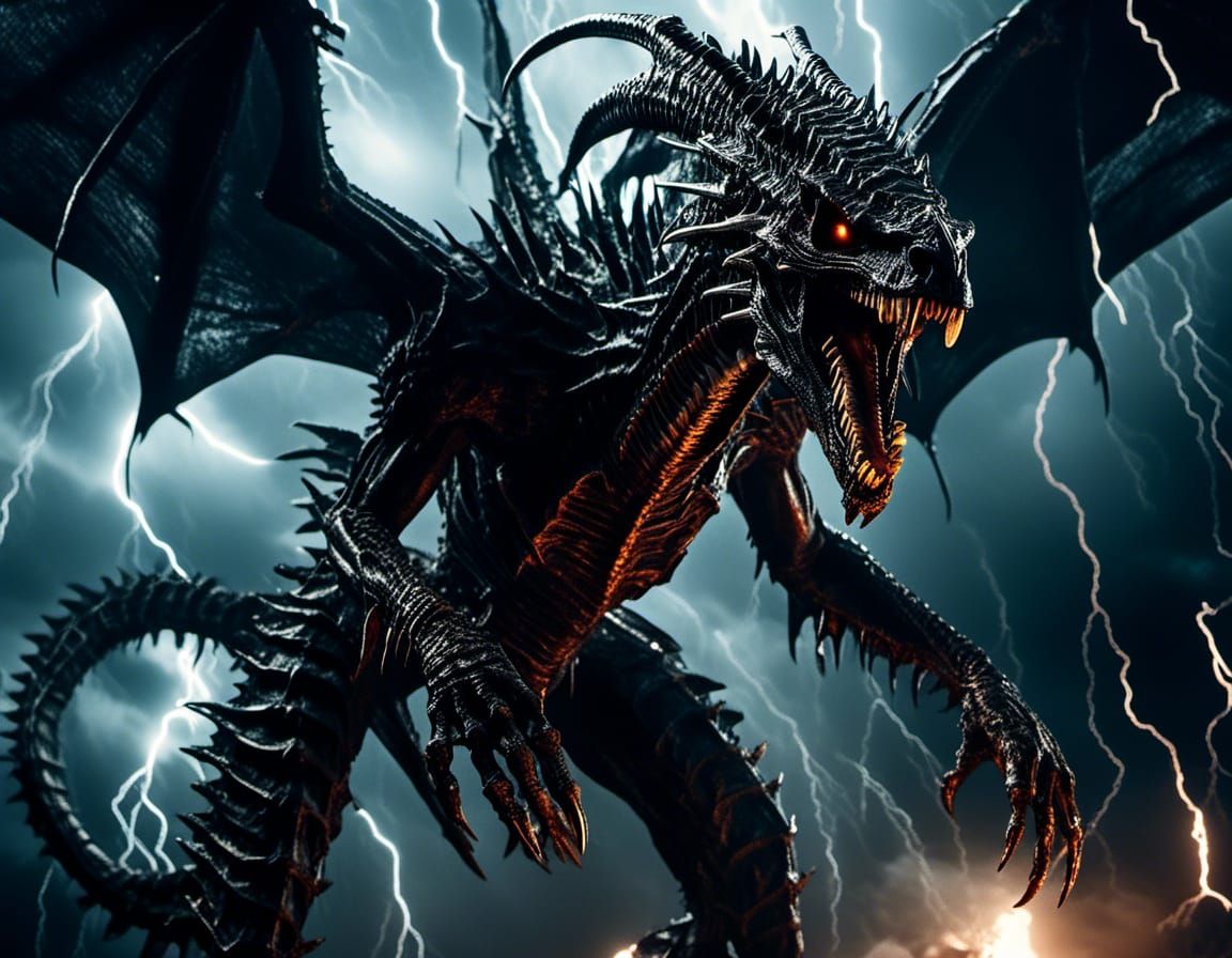 Xenomorph Dragon Flies Through White Lightning