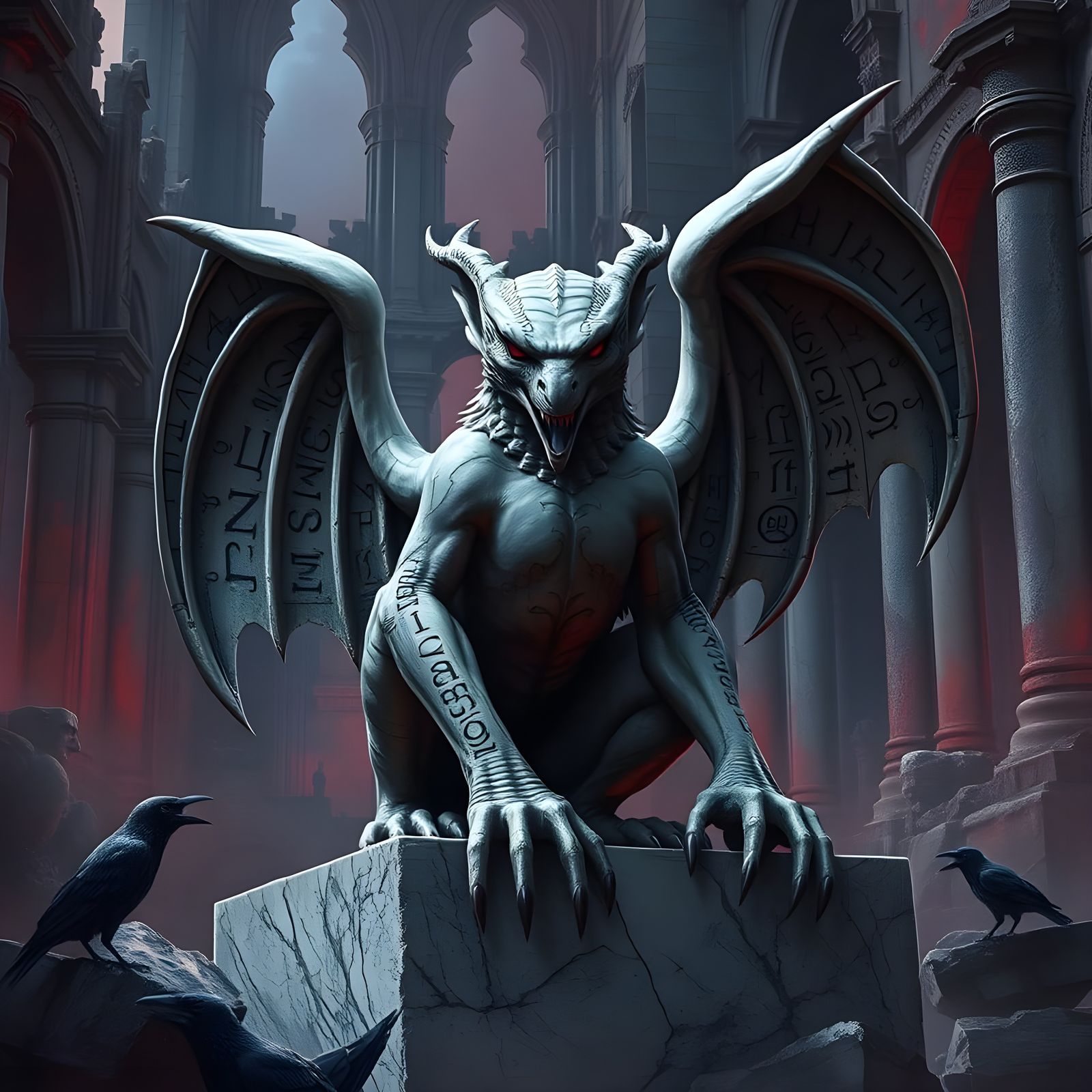 Gothic Gargoyle with Runes in Palace Ruins