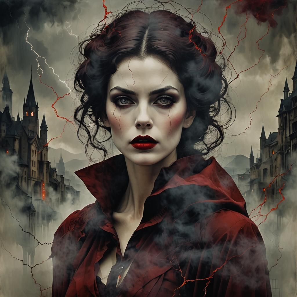 Vampire Woman Double Exposure in Art Deco Style