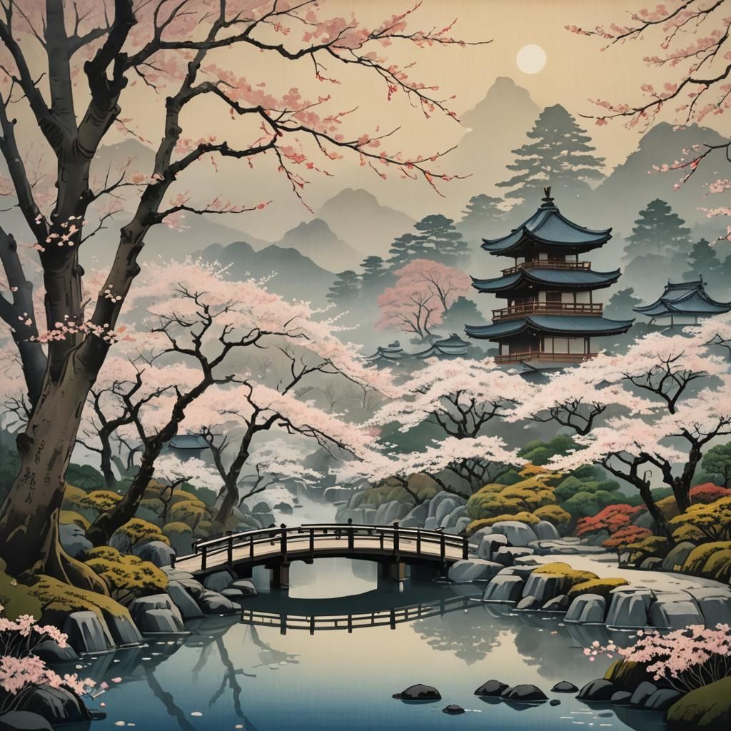 Japanese Garden in Ukiyo-e Style