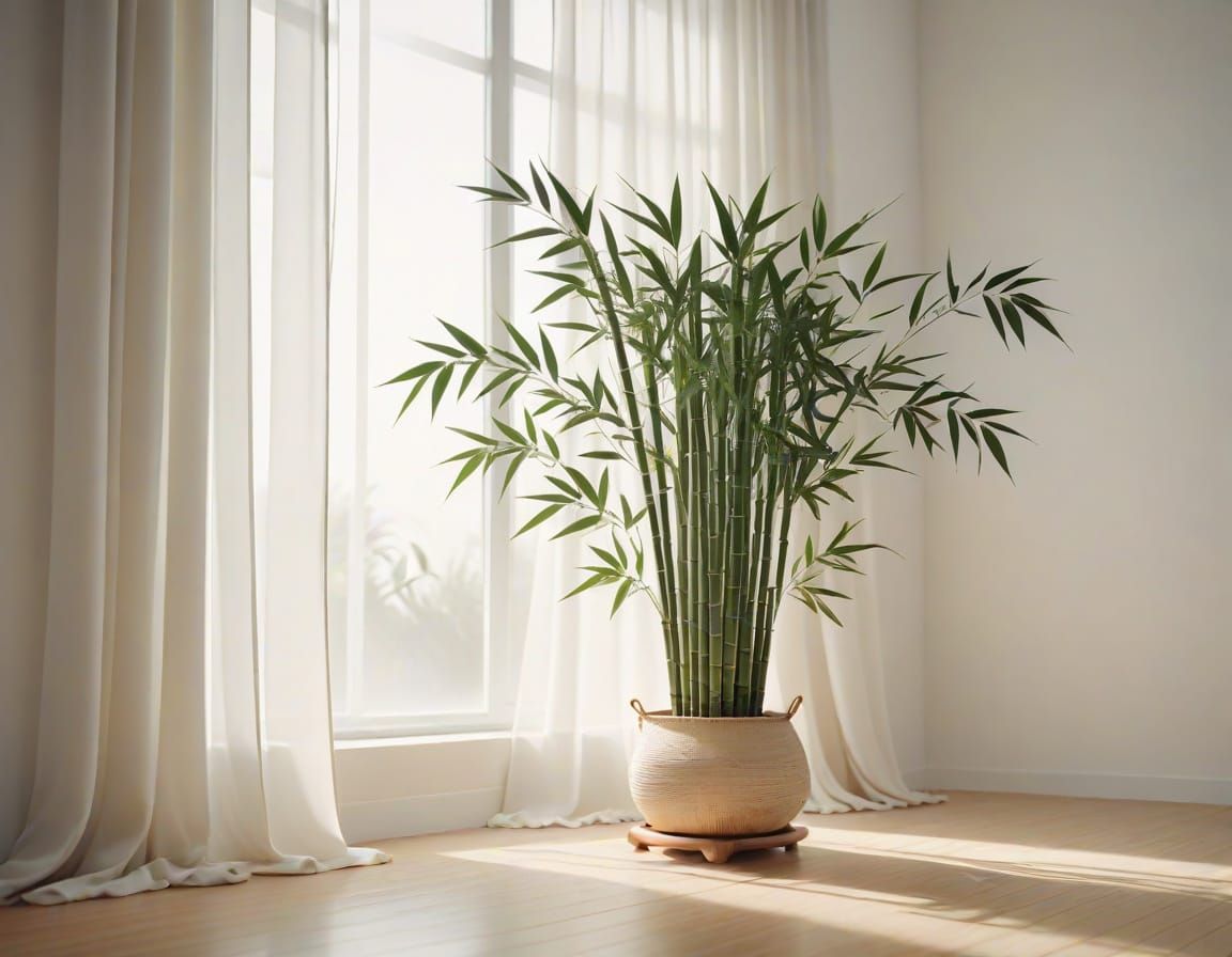 Minimalist White Room with Potted Bamboo Plant