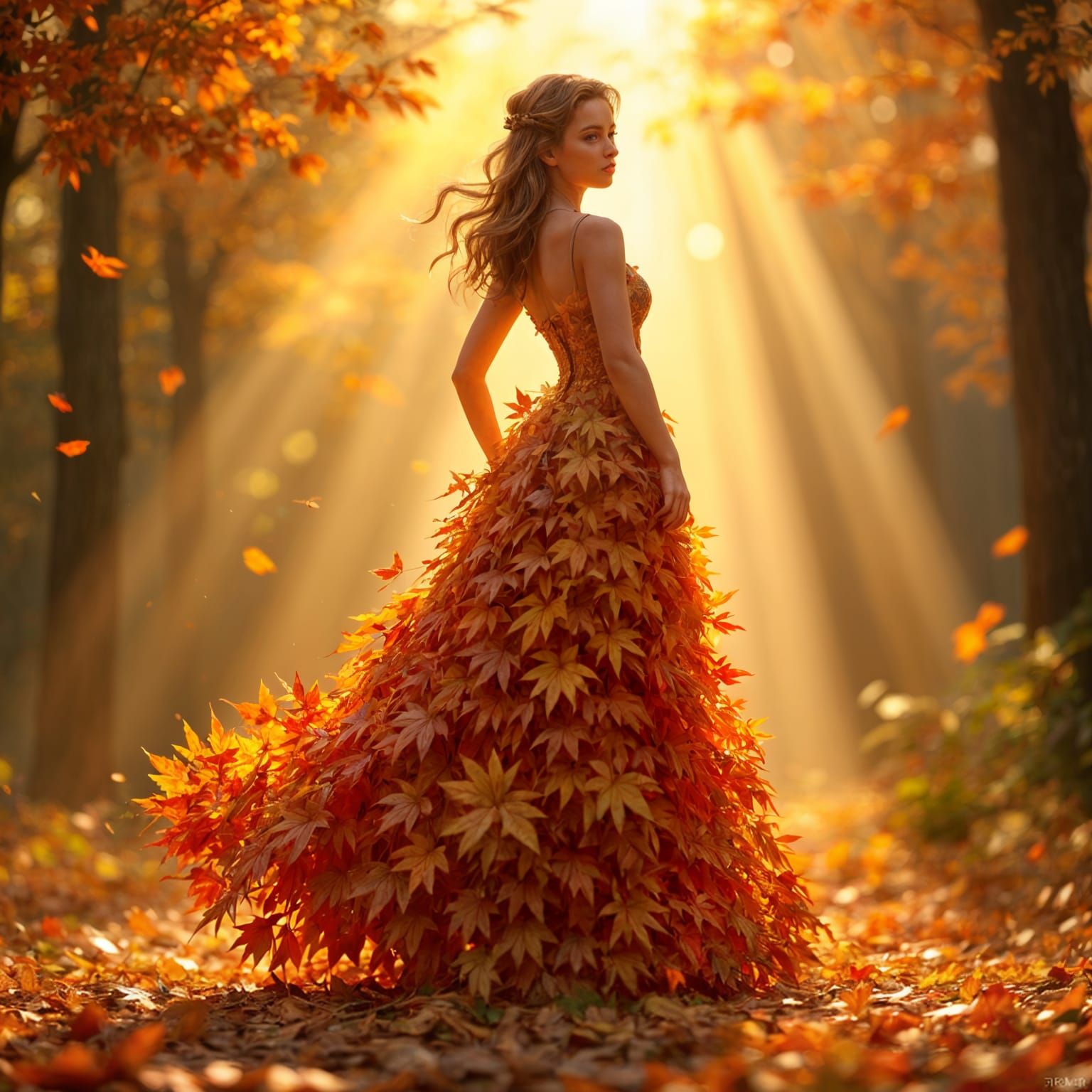 Woman in Leaf Dress: 3D Digital Autumn Art
