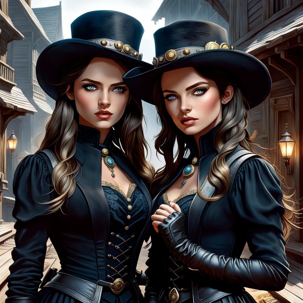 Fantasy Gunslinger Twins in Horror Art Style