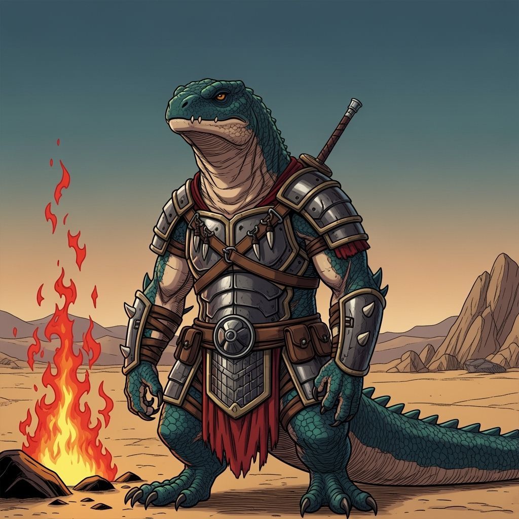 Lizardfolk Warrior with Fiery Breath in Desert