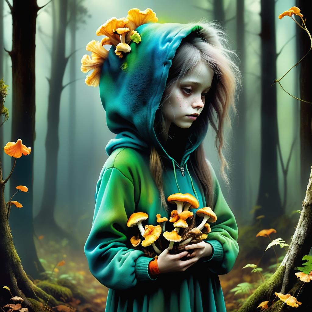 Girl with Chanterelles in a Sinister Forest