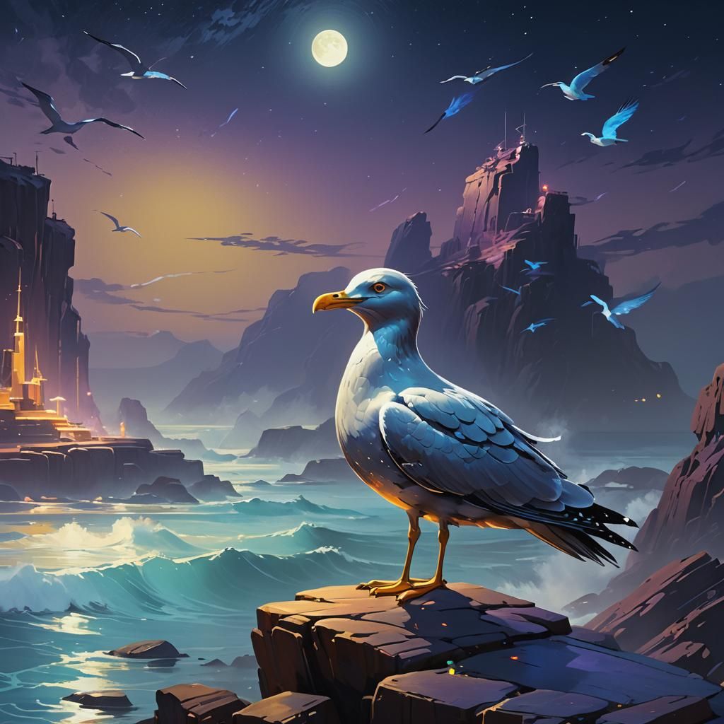 Cyber Seagull Perched on Stone, Moonlit Night