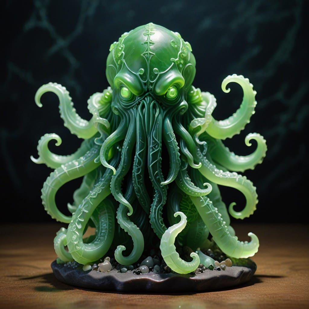 A mighty figurine of Cthulhu sculpted in sea glass, eldritch...