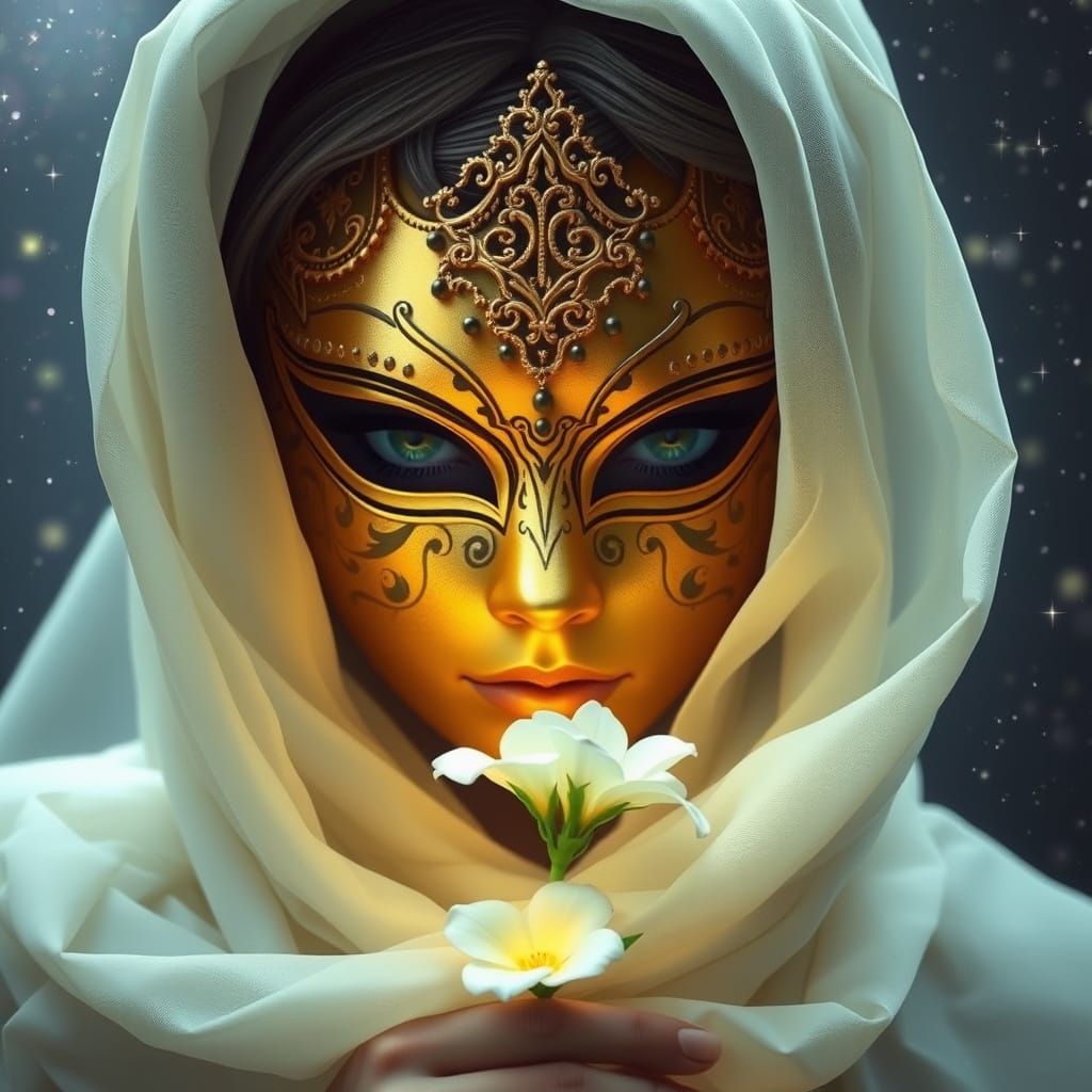 Golden Mask Under Starlit Skies in Impressionist Style