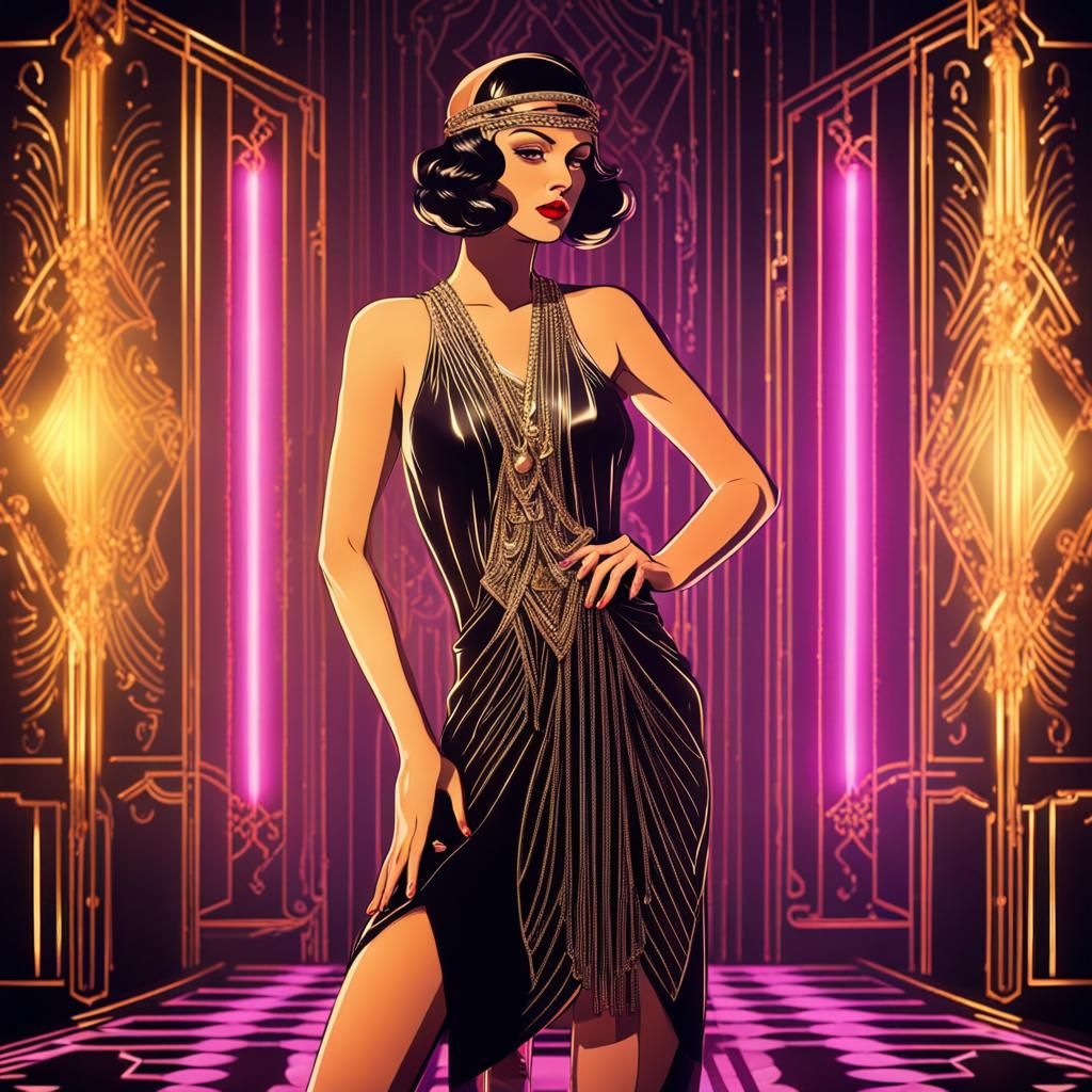 1920s Woman in Diamond Dress in Art Deco Room
