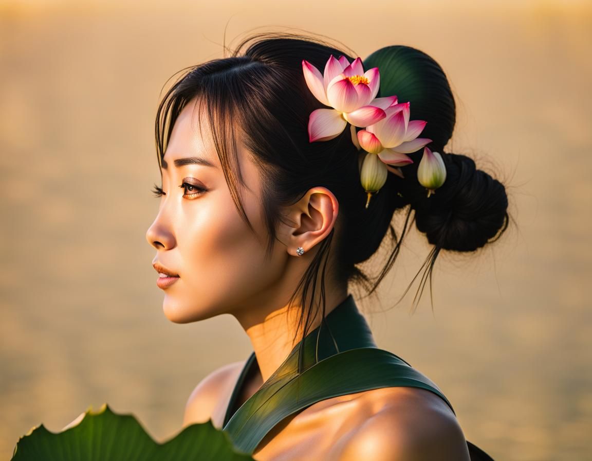 Japanese Girl Bathes in Lotus Pool at Golden Hour