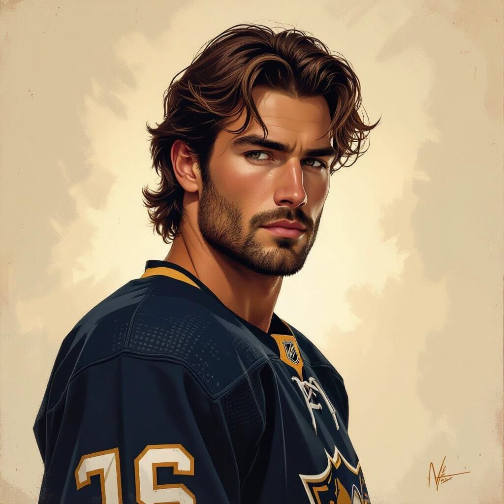 Confident Hockey Player with Lion Aura in Digital Painting S...