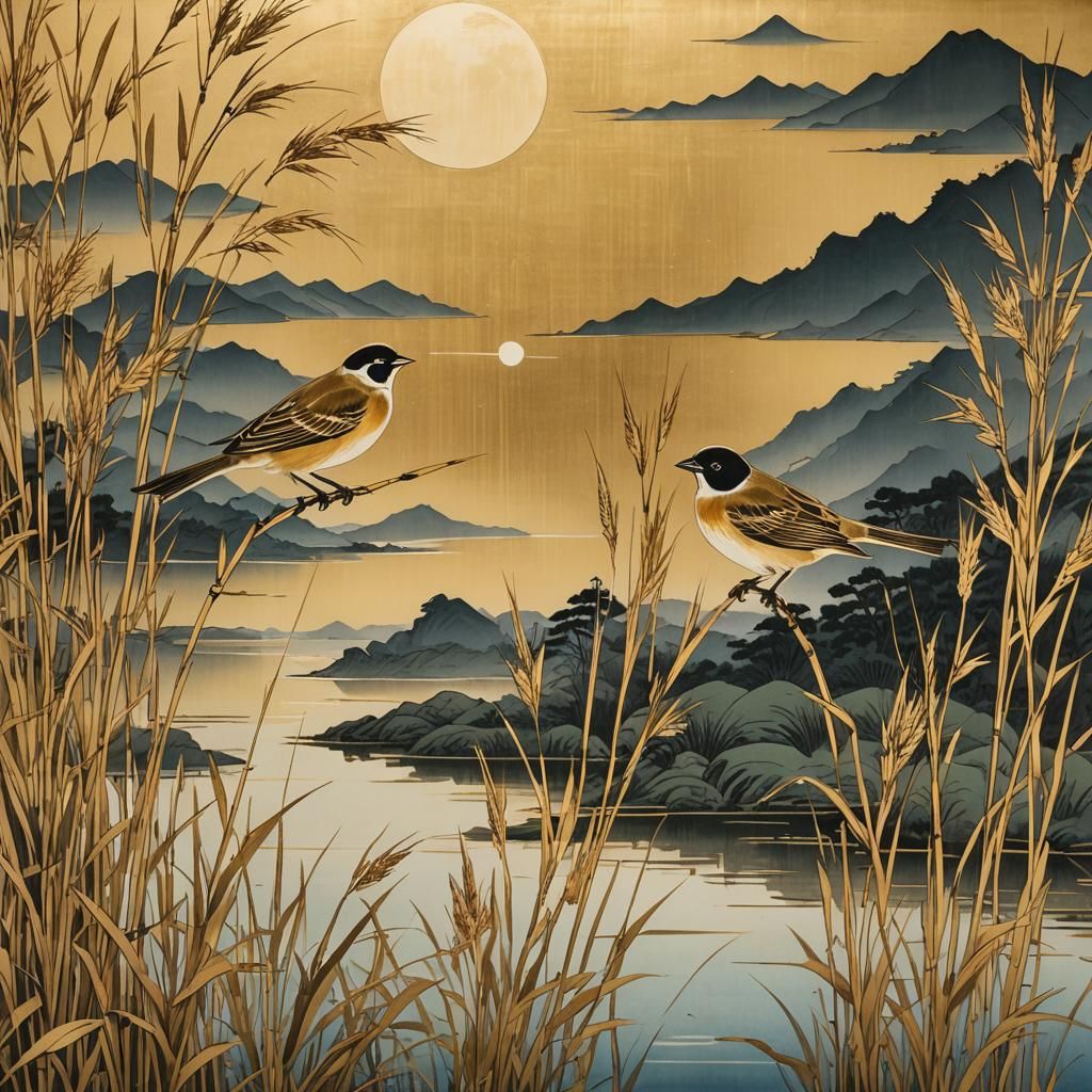 Japanese Lacquer Art: Reed Buntings by Lake